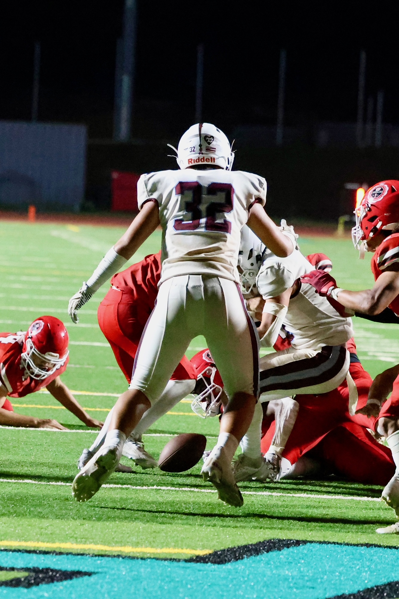 The ball lays on the ground after a fumble forced by Lahainaluna's Kahi Magno and recovered by Mau Montgomery sealed the Lunas' 7-3 win over Baldwin on Friday at King Kekaulike Stadium. TYLER ORIKASA photo