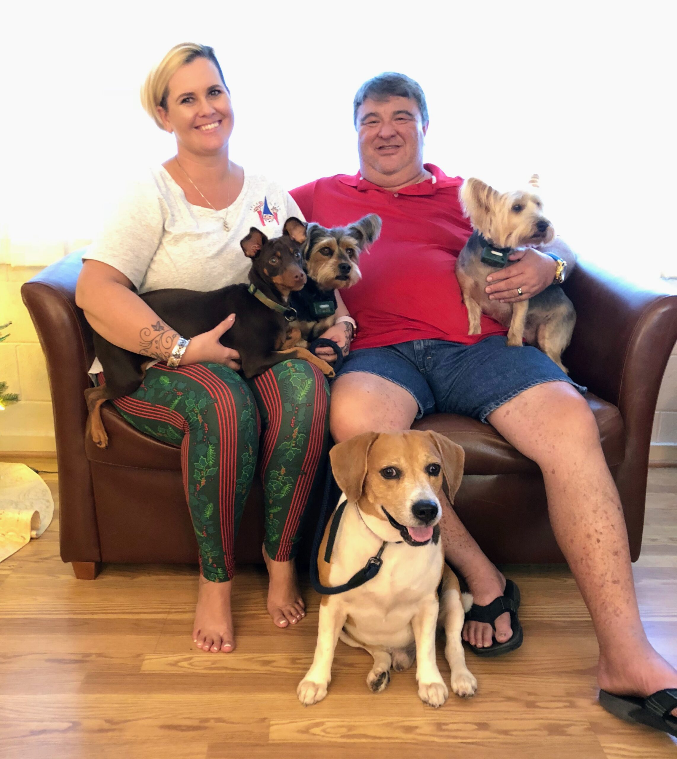 Maui High School principal Jamie Yap and his wife Reese Owens Yap pose with their three dogs at Chrismastime in 2017. Photo courtesy of Rodney S. Yap