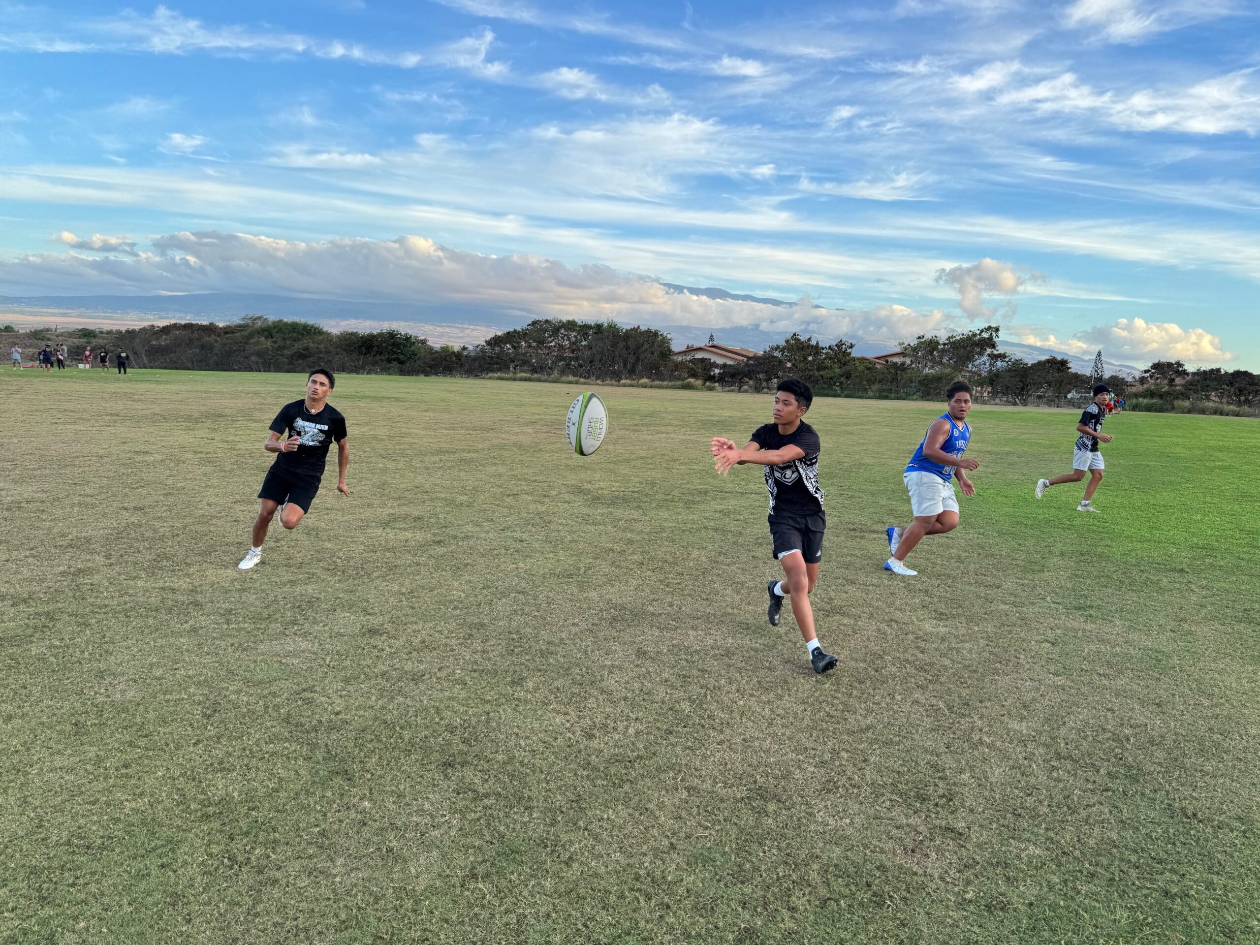 The Maui Rugby Union U18 boys work out at Maui Lani Regional Park on Tuesday. From left, Kihei Schillace, Reno Vaka, Alex Filikitonga and Sio Filikitonga go through a drill. HJI / ROB COLLIAS photo