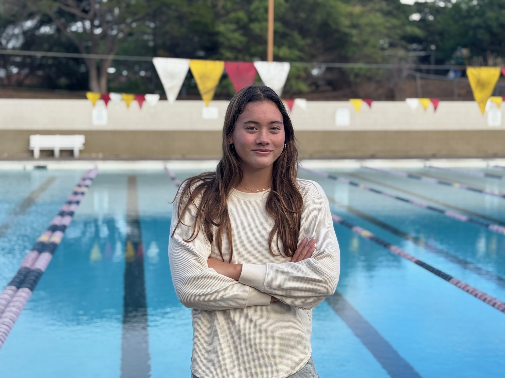 Aika Swanson, a junior at Maui High School, is a state champion swimmer. She said it meant a lot to her when outgoing principal Jamie Yap greeted her after she won her state title. HJI / ROB COLLIAS photo