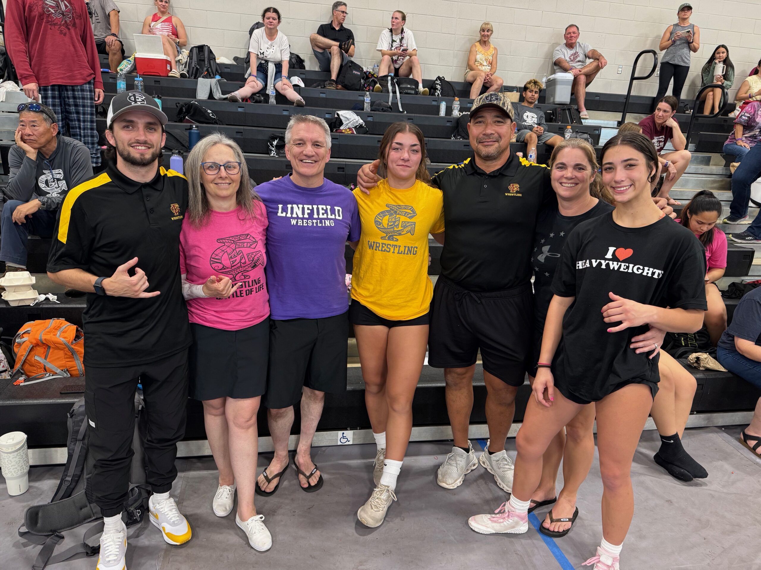 The Maui family ties ran deep at the Garner Ivey Maui Invitational Tournament on Saturday. Forest Grove (Ore.) High School and Linfield University were well represented at the meet. From left, Josh Johnson, Tammy Johnson, Frank Johnson, Makaila Takahashi, Guy Takahashi, Vallie Taklahashi and Kailea Takahashi are shown during the finals session. HJI / ROB COLLIAS photo