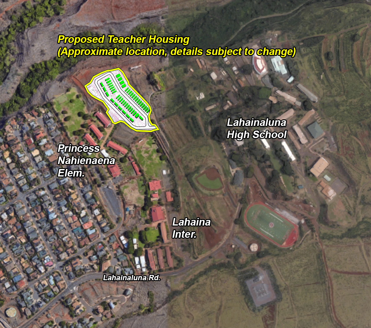 The proposed location for the West Maui educational workforce housing is close to Lahainaluna High School, Princess Nahi'ena'ena Elementary School and Lahaina Intermediate School. Graphic Courtesy of Hawaiʻi Department of Education